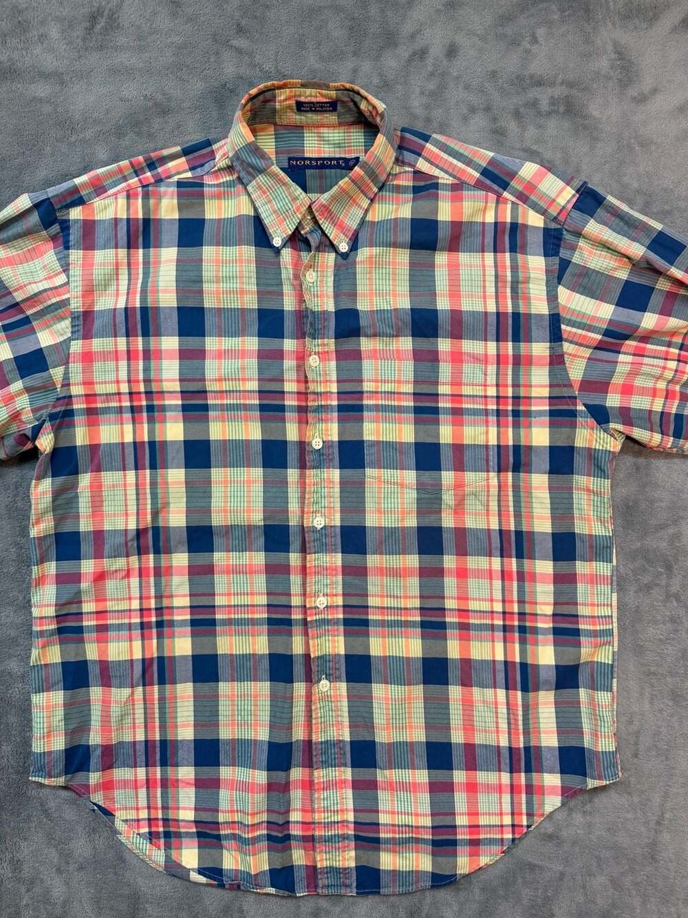 Norsport Vintage 100% Cotton Multicolor Plaid Button Down Short Sleeve Shirt  M